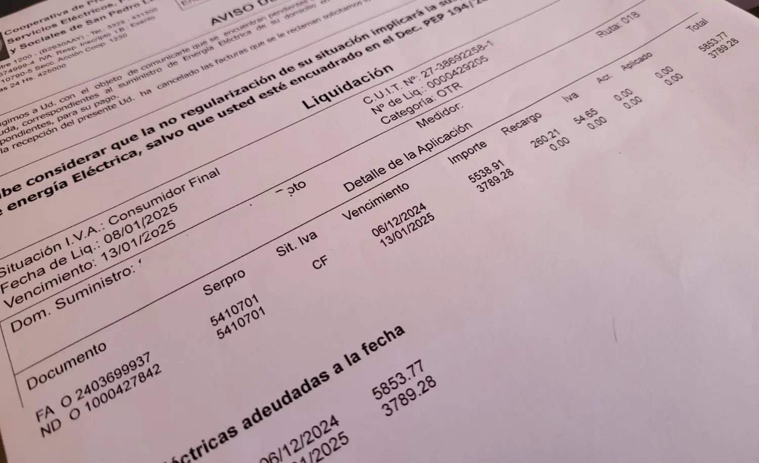 El "Aviso de Deuda" que la Coopser utilizar para aplicar intereses excesivos por deudas.