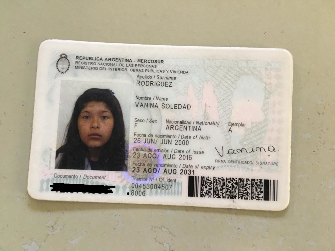Encontraron el DNI de Vanina Soledad Rodríguez