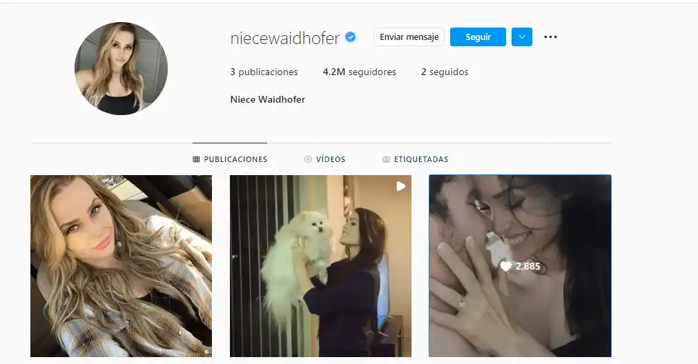 Así quedó el perfil de Niece Waidhofer, luego de que la modelo borrara casi todas sus publicaciones. Foto Instagram