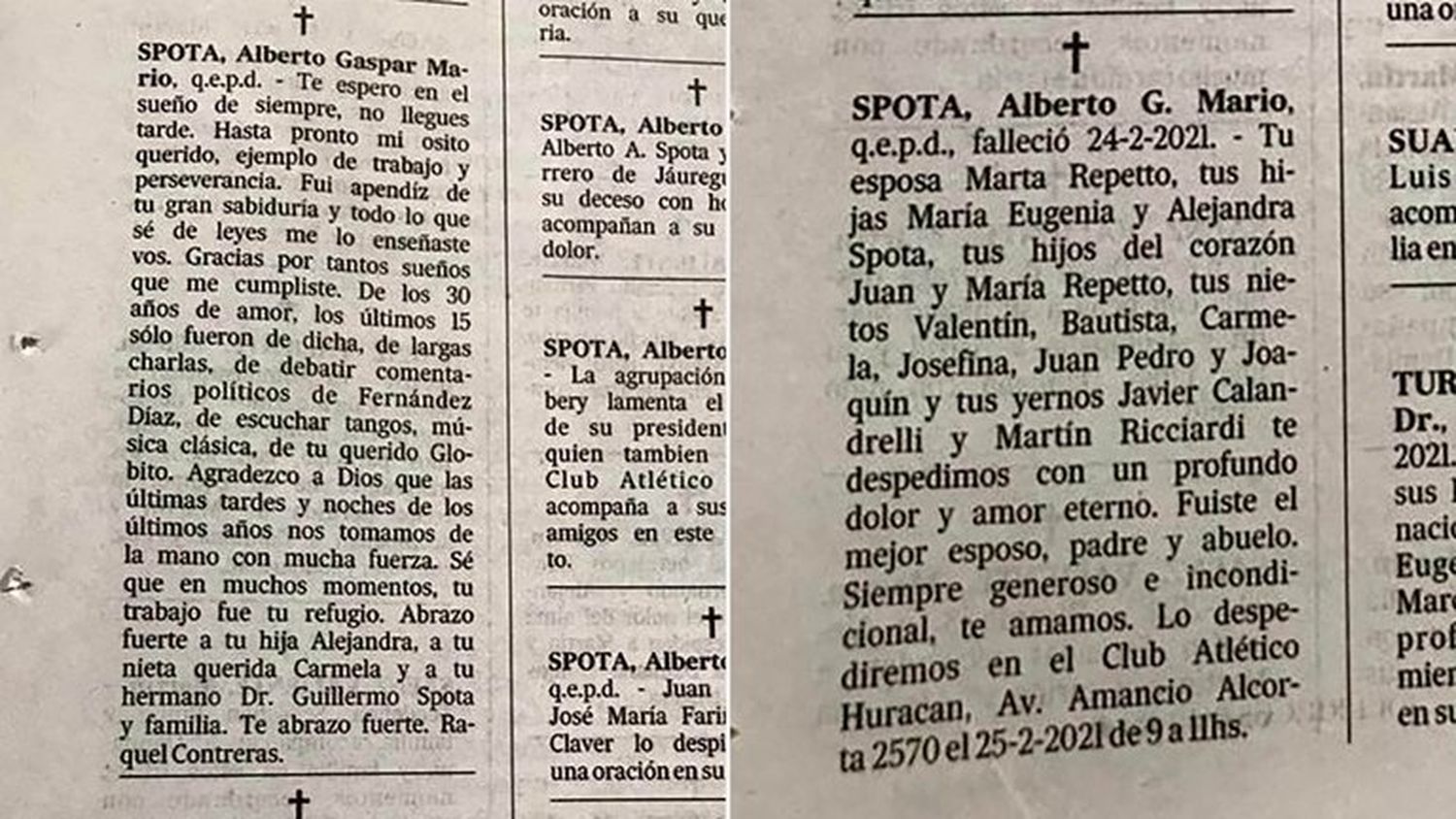 Murió un ex presidente del Club Huracán y su mujer y su amante se cruzaron en los avisos fúnebres