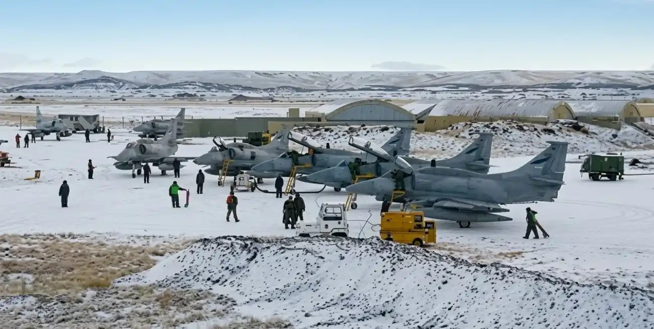 Despliegue de la Fuerza Aérea Argentina en el Teatro de Operaciones del Atlántico Sur (TOAS), custodiando el litoral patagónico durante el conflicto de 1982. Imagen restaurada con inteligencia artificial.