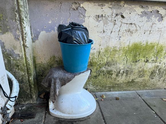 Decadencia: así está el patio interno del palacio municipal con basura, baldes, maleza y hasta un inodoro