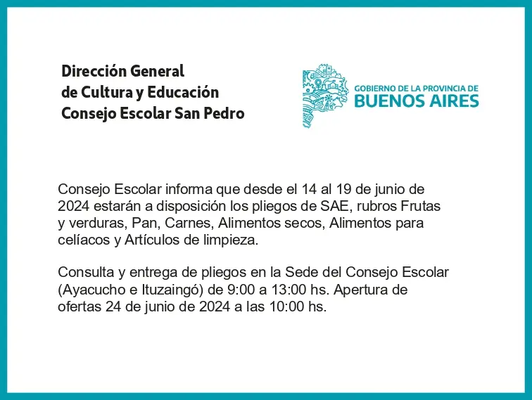 [Publicación Oficial] Consejo Escolar San Pedro: Pliegos SAE a disposición