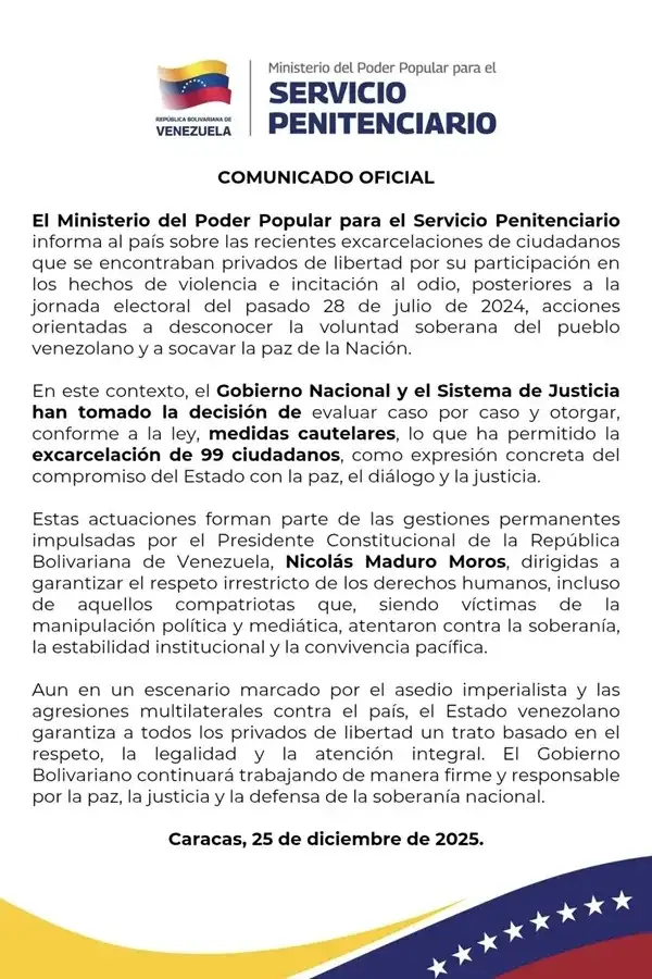 Liberan presos políticos en Venezuela