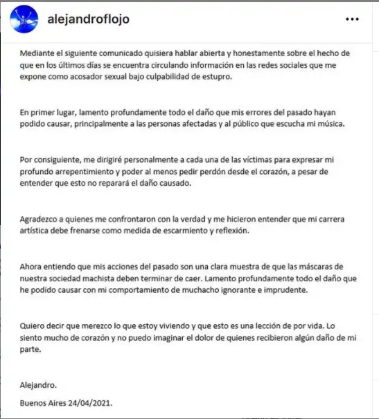 El comunicado de Alejandro Sojo que otros rockeros venezolanos rechazaron. Foto Instagram
