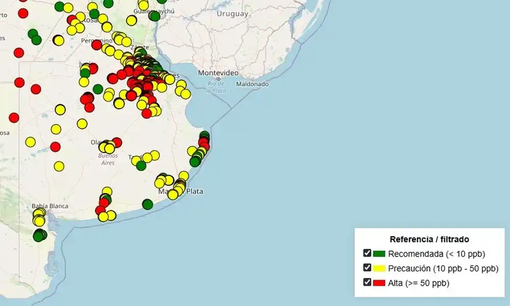 Zonas bonaerenses afectadas por altos índices de arsénico en el agua.