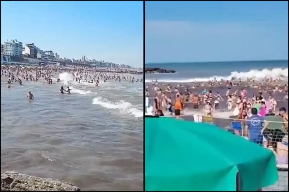 Dos postales de un mismo fenómeno: a la izquierda, el avance del agua en Mar Chiquita; a la derecha, el mar sube en Mar del Plata.