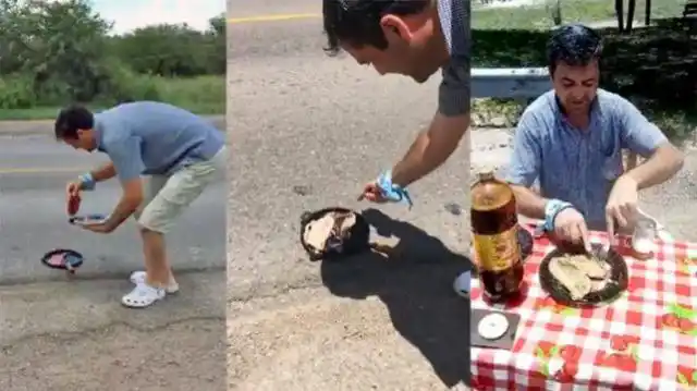 Aprovechó el terrible calor y cocinó bifes en plena ruta