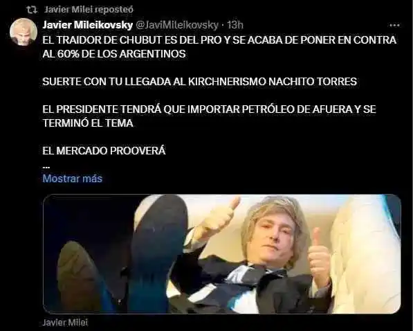 Milei redobló apuesta contra los gobernadores 
y trató de “pobre chico” a Ignacio Torres