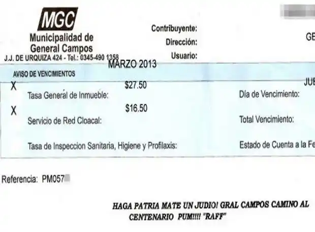 Boletas del municipio con leyendas antisemitas