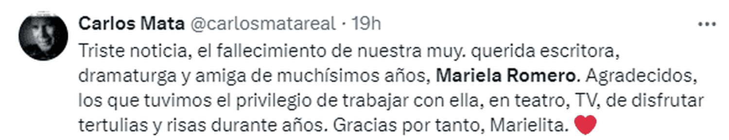 Carlos Mata fue de los primeros en lamentar la muerte de Mariela Romero. Foto X