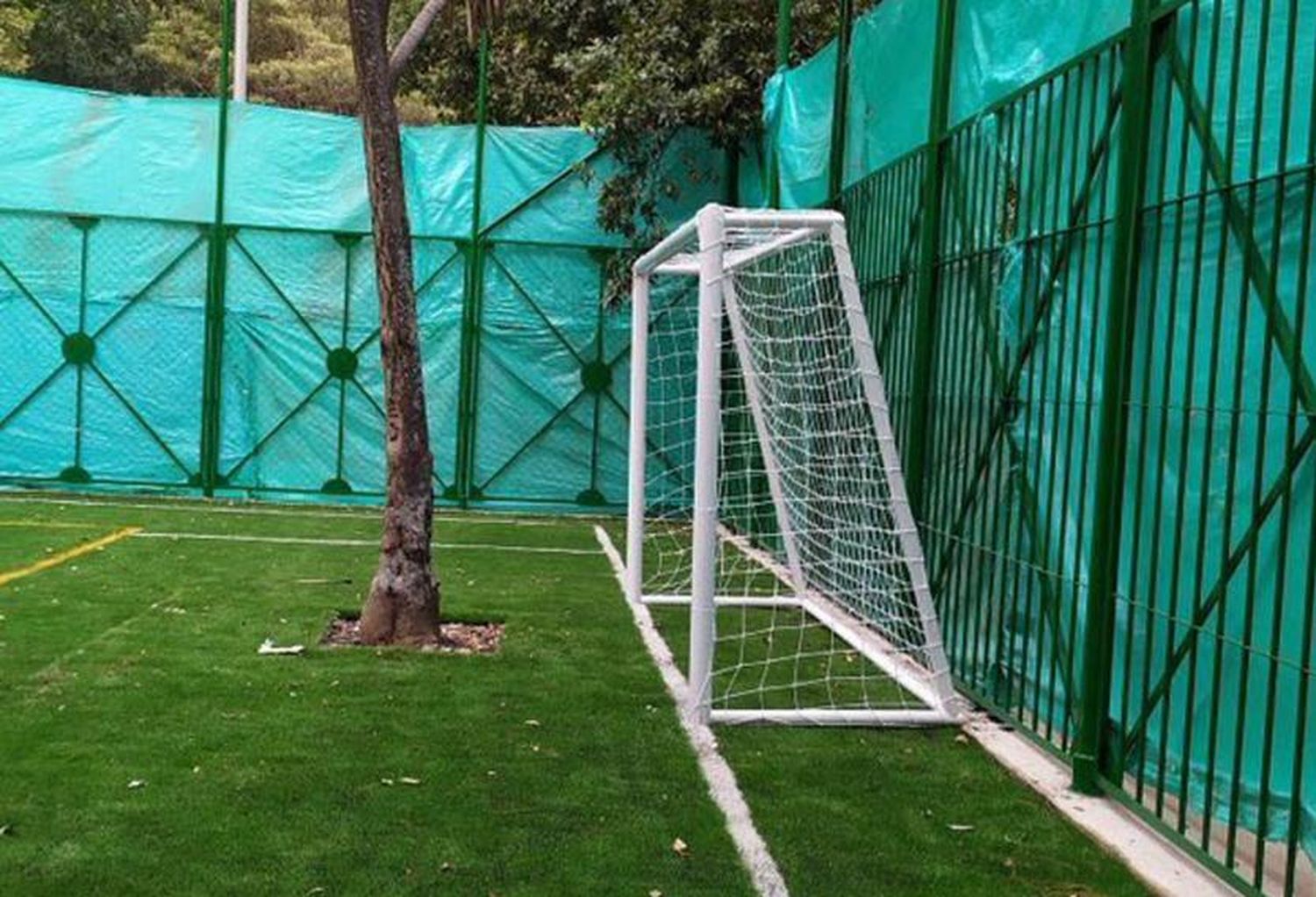 Realizaron una cancha sintética pública, pero dejaron dos árboles delante de cada arco