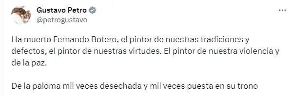 El presidente colombiano Gustavo Petro dio las condolencias a la familia de Fernando Botero. Foto X