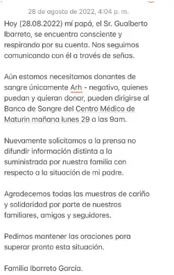 El último comunicado de la familia de Gualberto Ibarreto. 