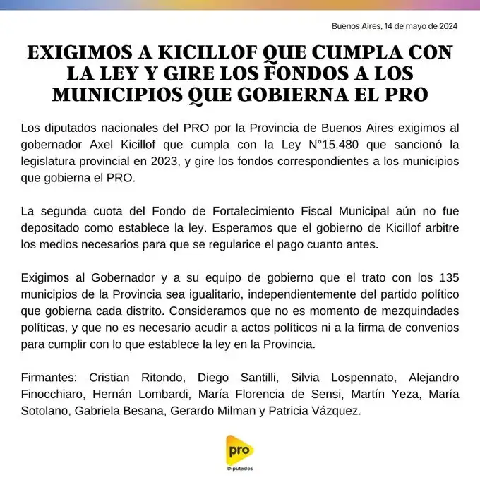 Comunicado del bloque de Diputados PRO.