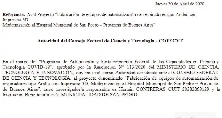 Avalaron el proyecto de fabricación de respiradores con impresoras 3D en San Pedro