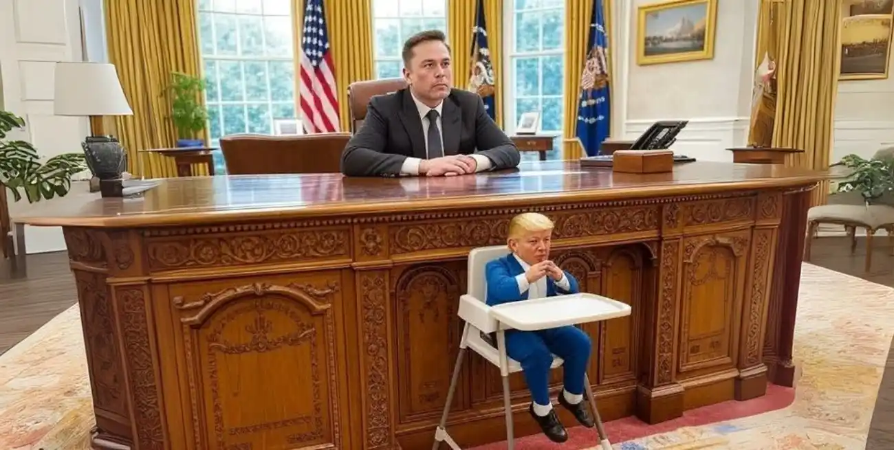 ¿Quién está realmente dirigiendo el país? En la red social X, propiedad de Elon Musk, usuarios plantean que el magnate tecnológico se encuentra por encima del presidente electo Donald Trump. Foto: imagen generada por IA y difundida en internet.