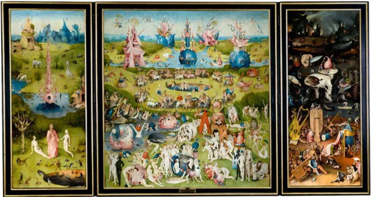 «El jardín de las delicias», un tríptico de Hieronymus van Aeken Bosch o El Bosco, en el que se inspira la muestra.