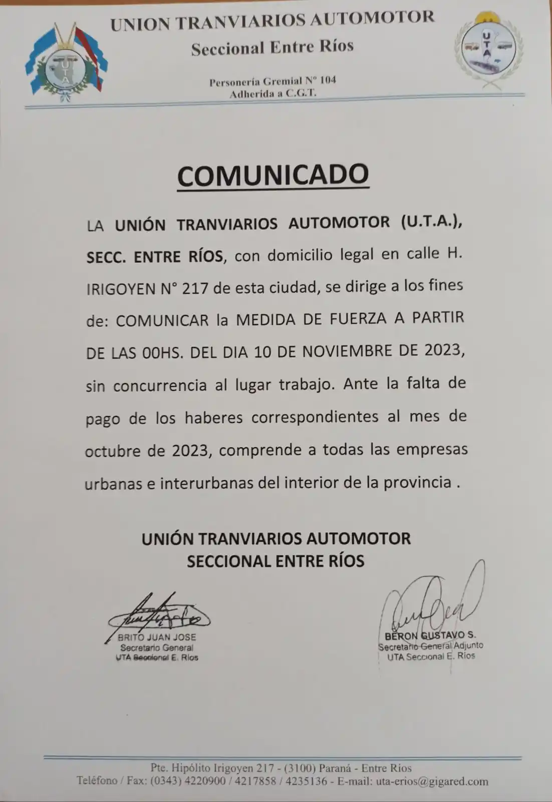 comunicado uta