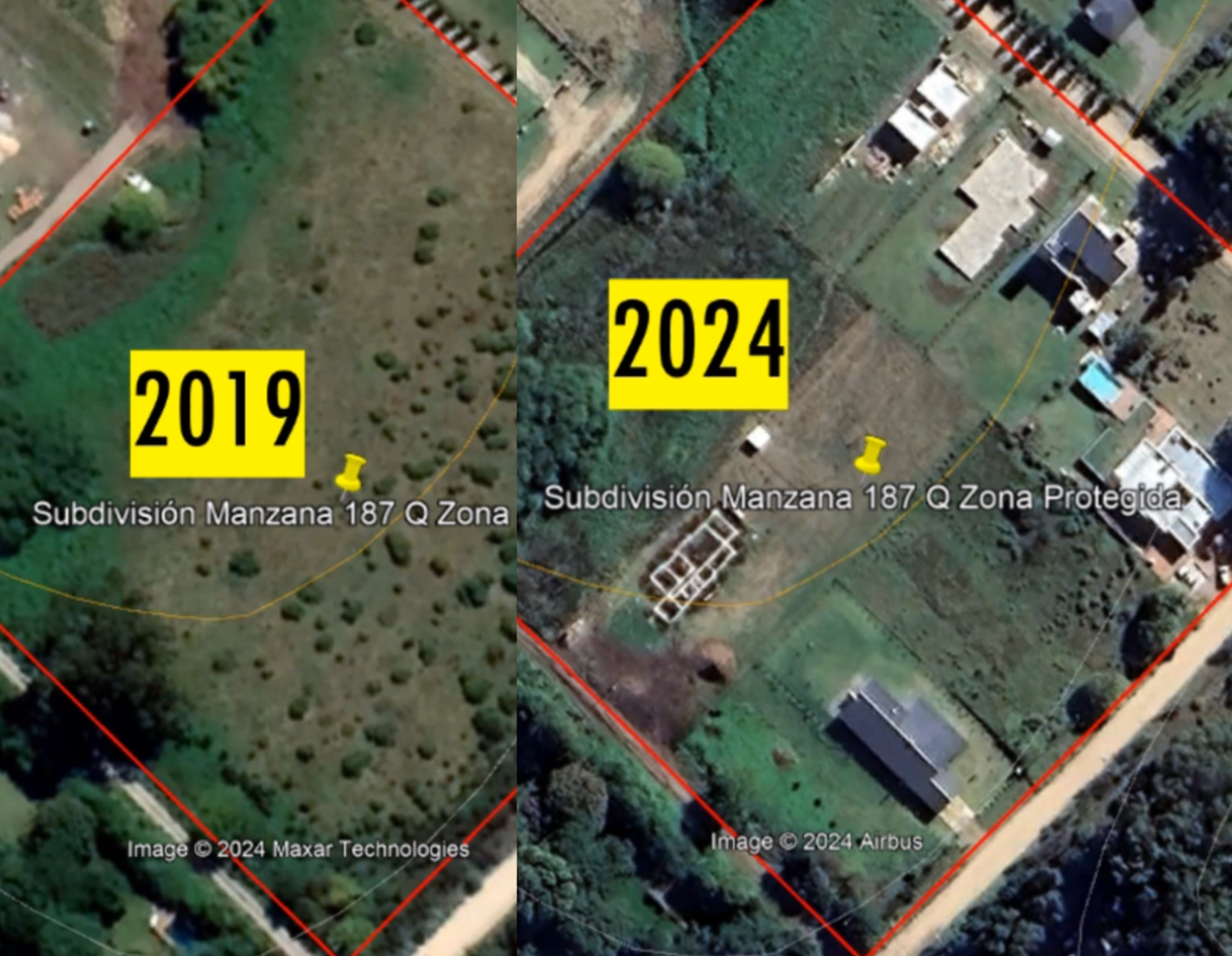 La imagen comparativa publicada por la Asamblea, del mismo lote con solo 5 años de diferencia.