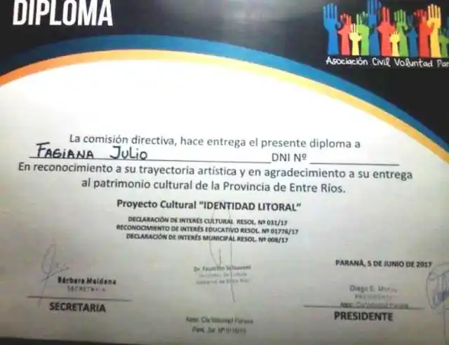  Reconocido como referente cultural por la Asociación Civil Voluntad de Paraná 