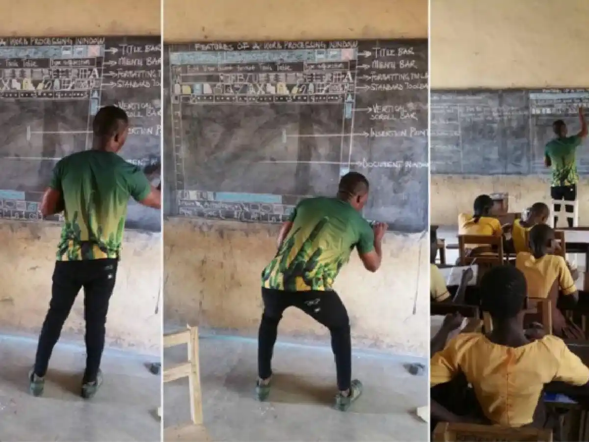 [Ghana] Un profesor enseña informática en el pizarrón porque la escuela no tiene computadoras