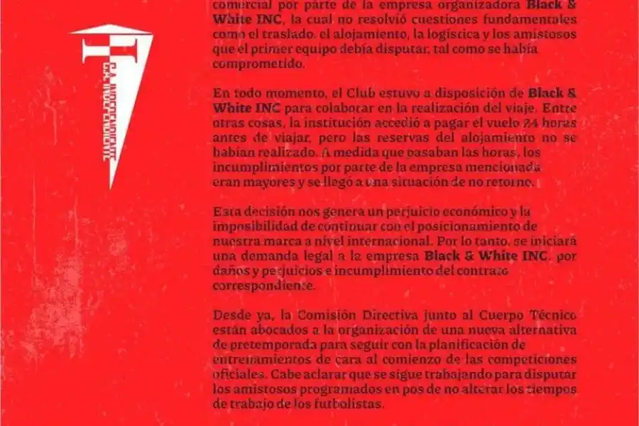 Comunicado del Rojo(Club Independiente)