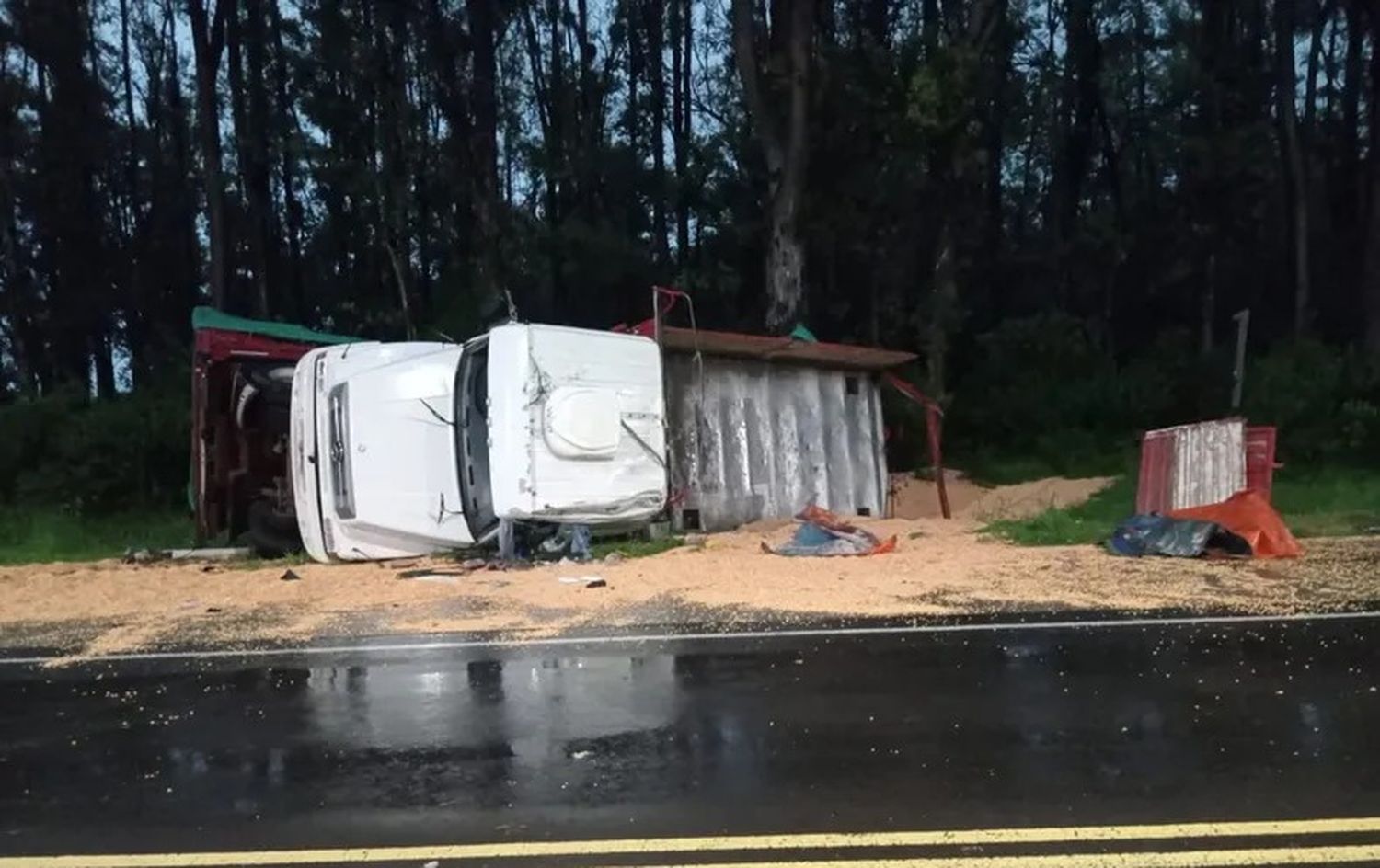 Un camión volcó en el acceso a Aldea San Antonio y dos personas resultaron heridas