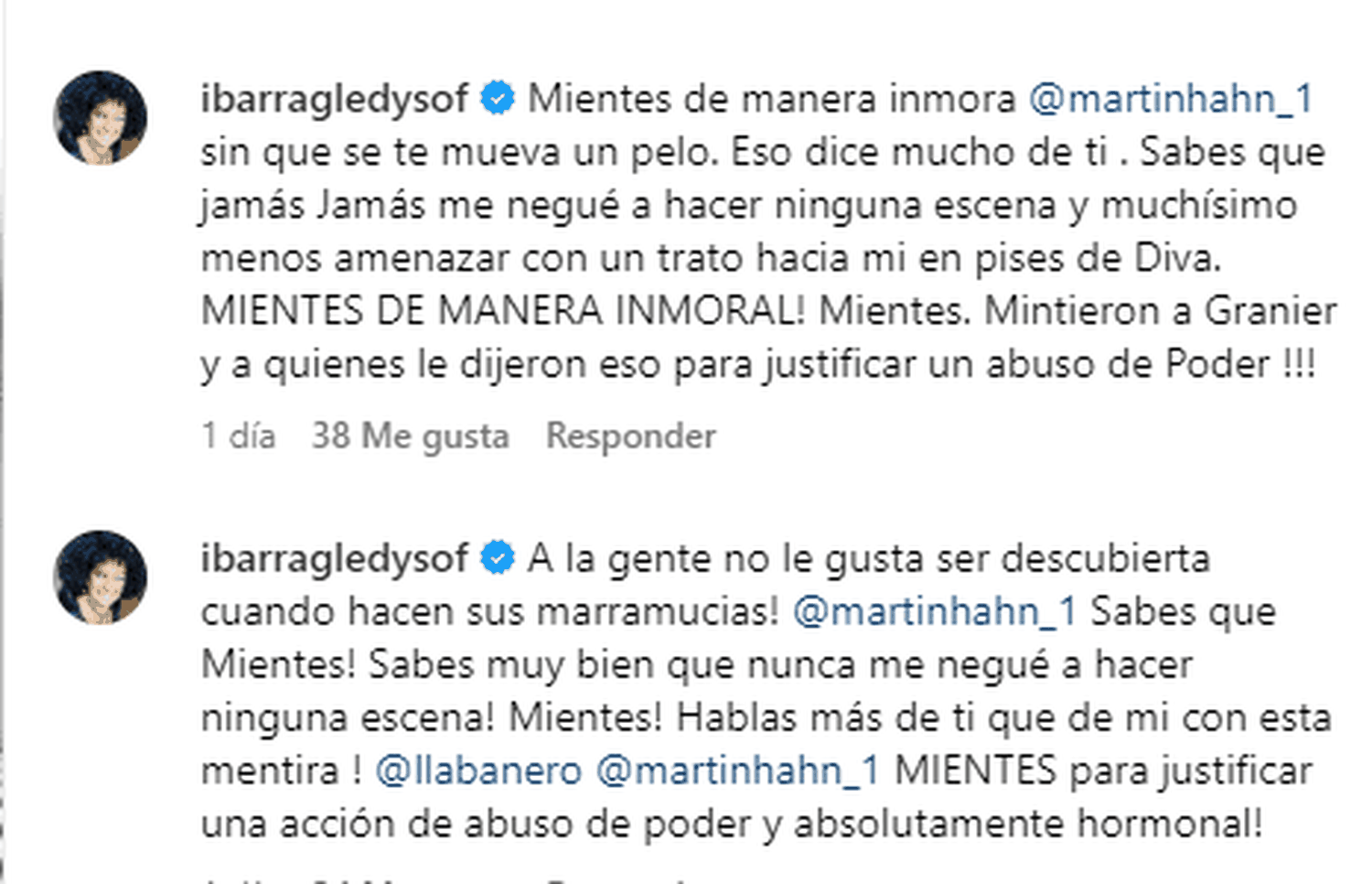 El enfrentamiento de Gledys Ibarra y Martin Hahn por La mujer de Judas. Foto Instagram