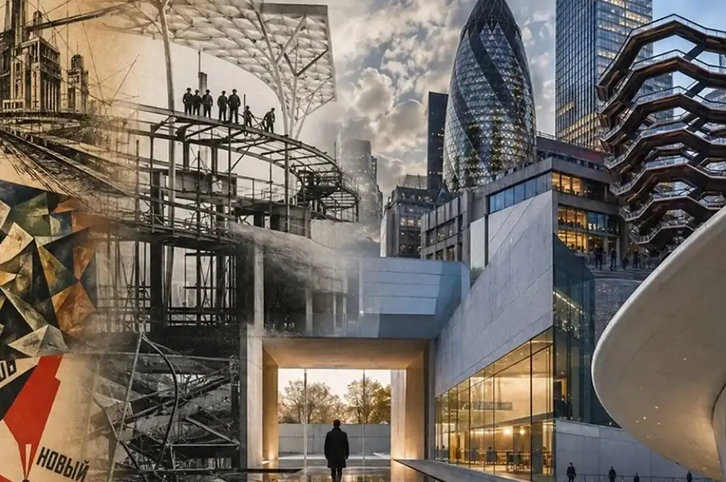 De la utopía industrial a la ciudad global: un siglo de arquitectura condensado en una sola imagen, donde las vanguardias, la técnica y la monumentalidad contemporánea revelan la permanente tensión entre el proyecto colectivo y la arquitectura convertida en ícono cultural y urbano.