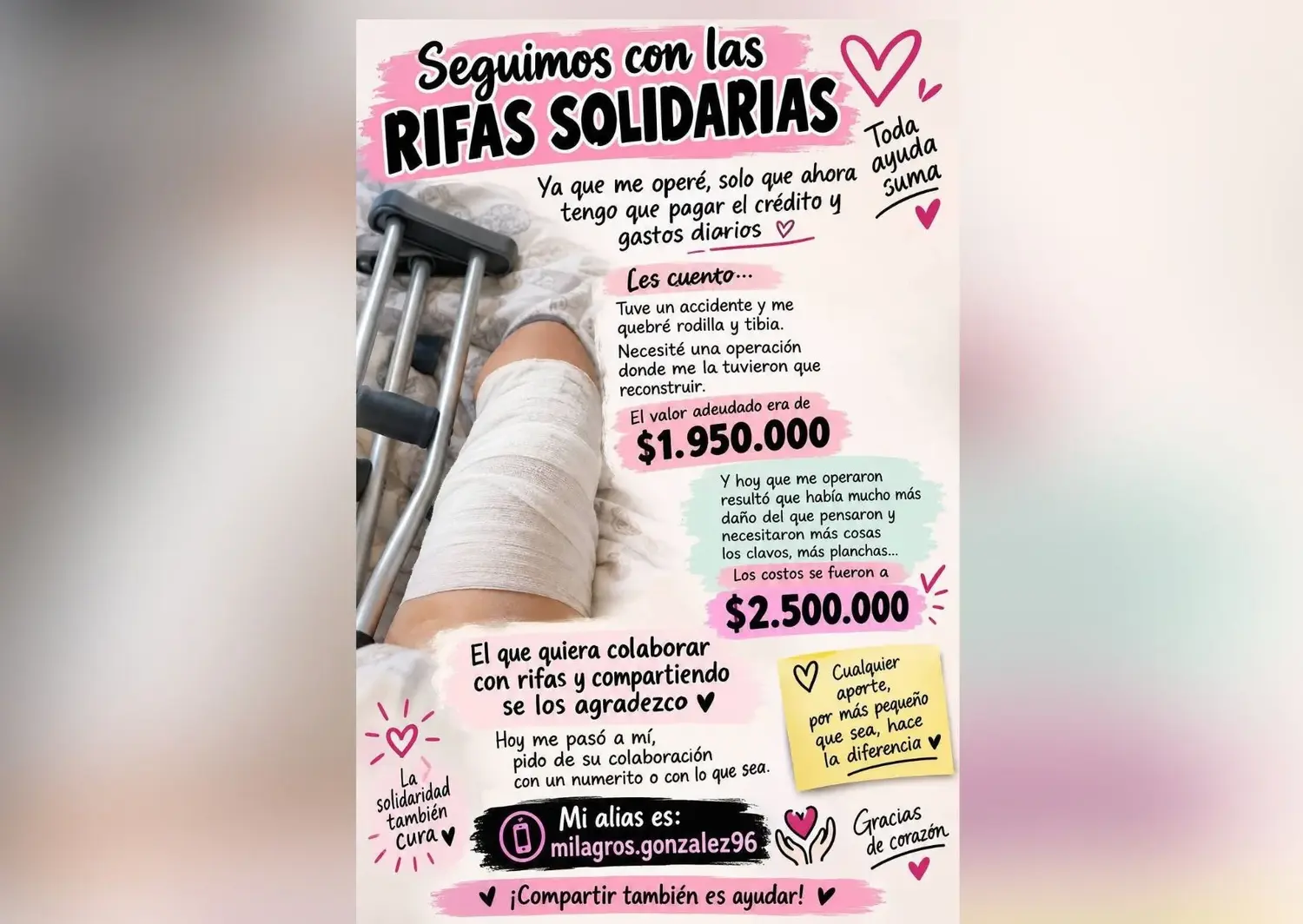 Rifa solidaria para Milagros: sufrió un accidente y debe pagar los gastos de su operación