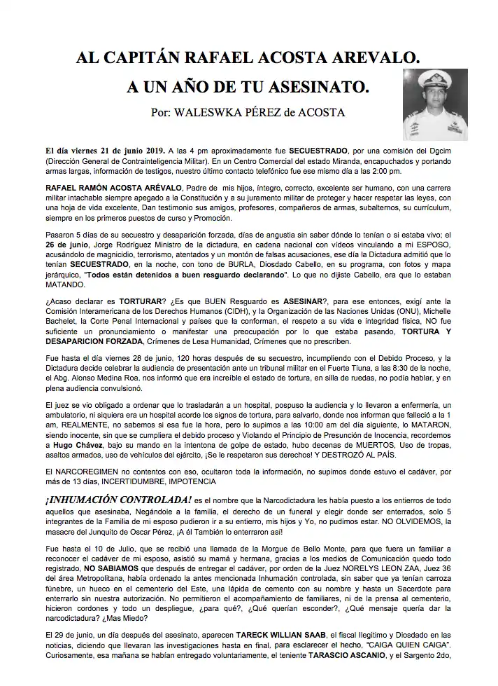 A un año del asesinato: exigen castigo para los culpables de la muerte del capitán Rafael Acosta Arévalo