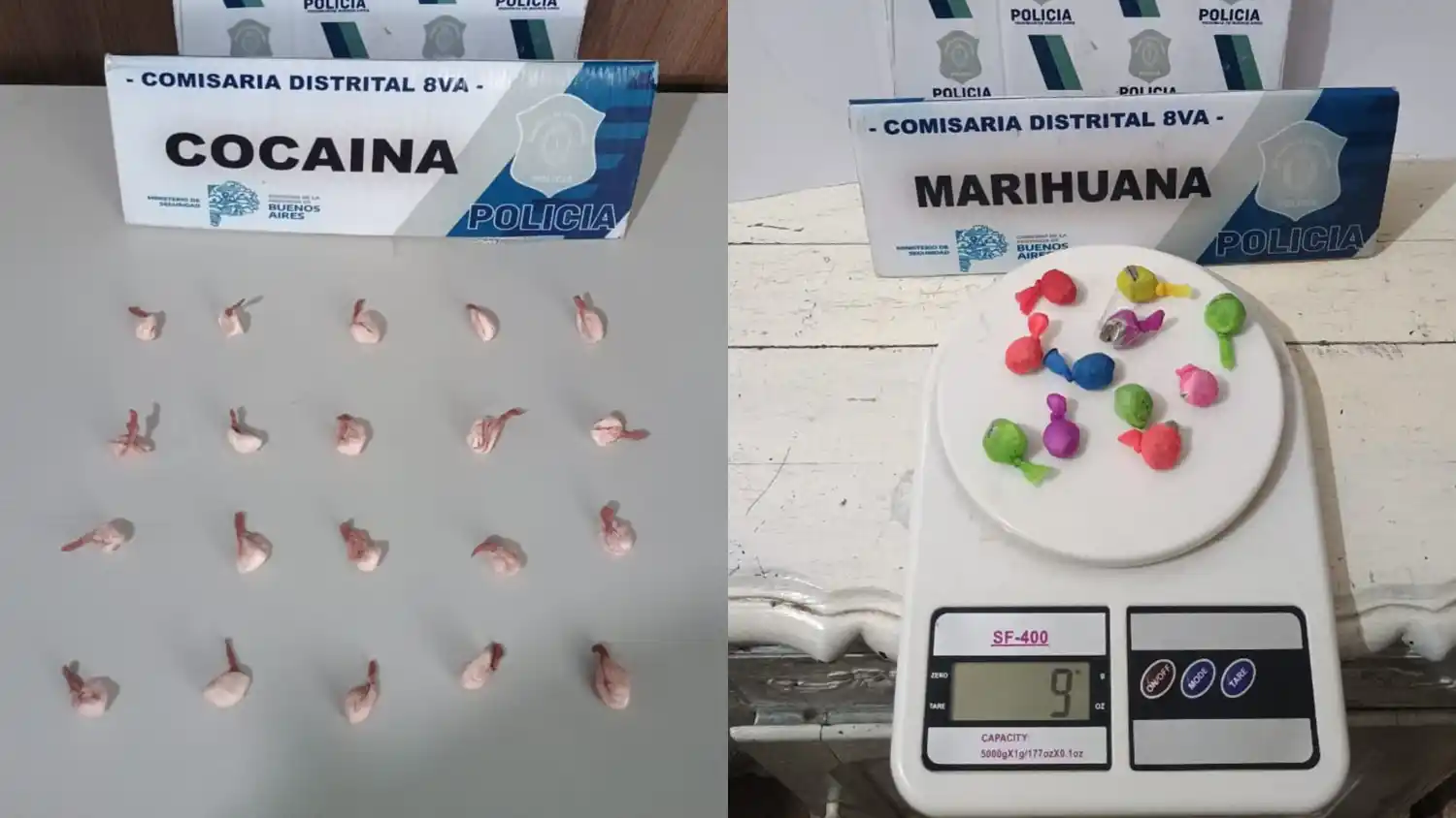 Tenía veinte envoltorios con cocaína (6 gramos) y doce con marihuana (9 gramos).