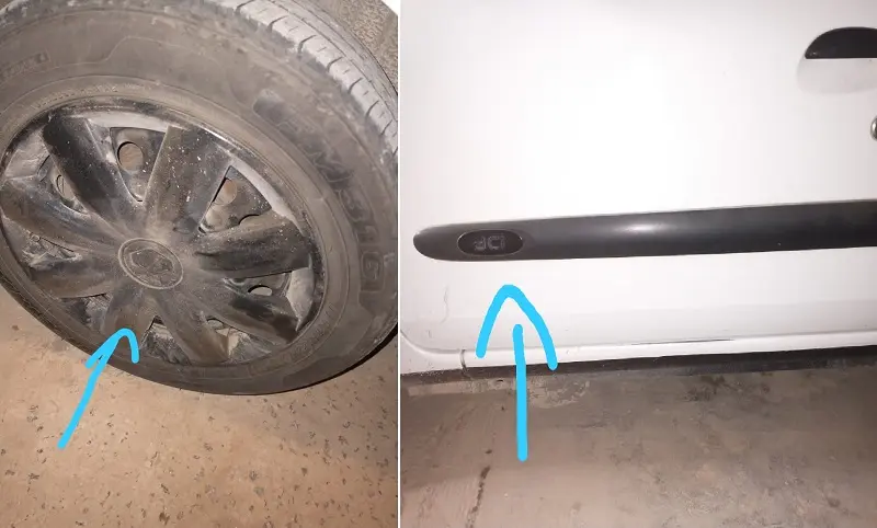 Buscan la tapa de la rueda y el plástico de la puerta de un auto