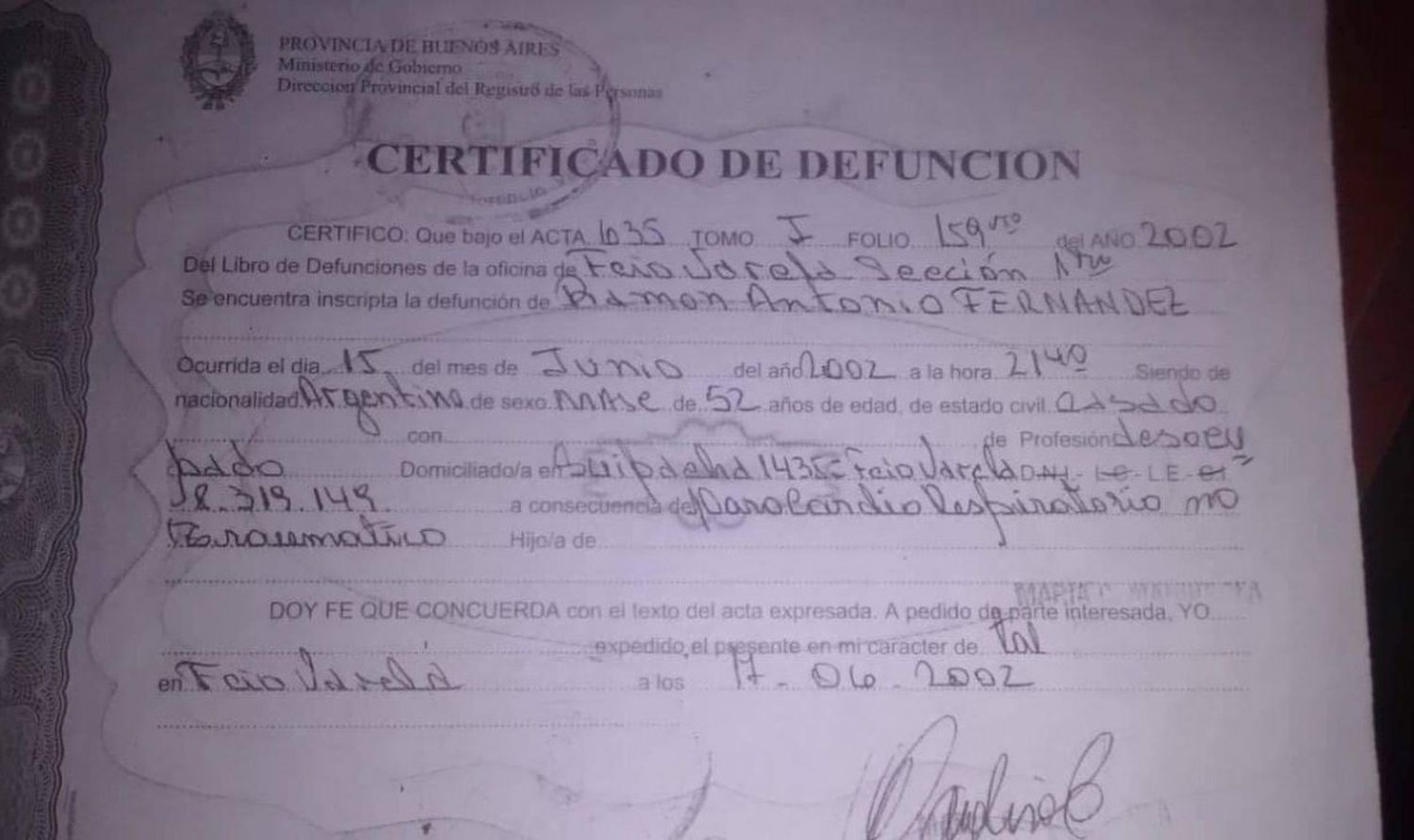 No es el muerto que habla: Falleció hace 17 años en Florencio Varela pero se jubiló en 2016 y votó en 2017