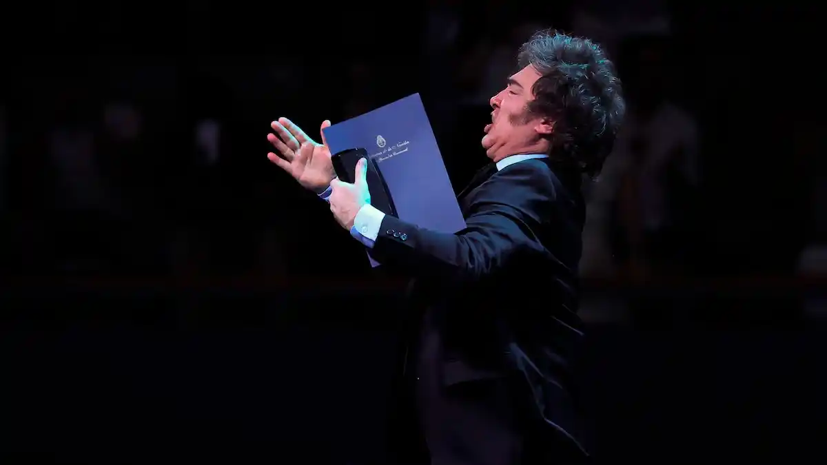 El presidente argentino, Javier Milei, durante su intervención en el Madrid Economic Forum, este domingo.