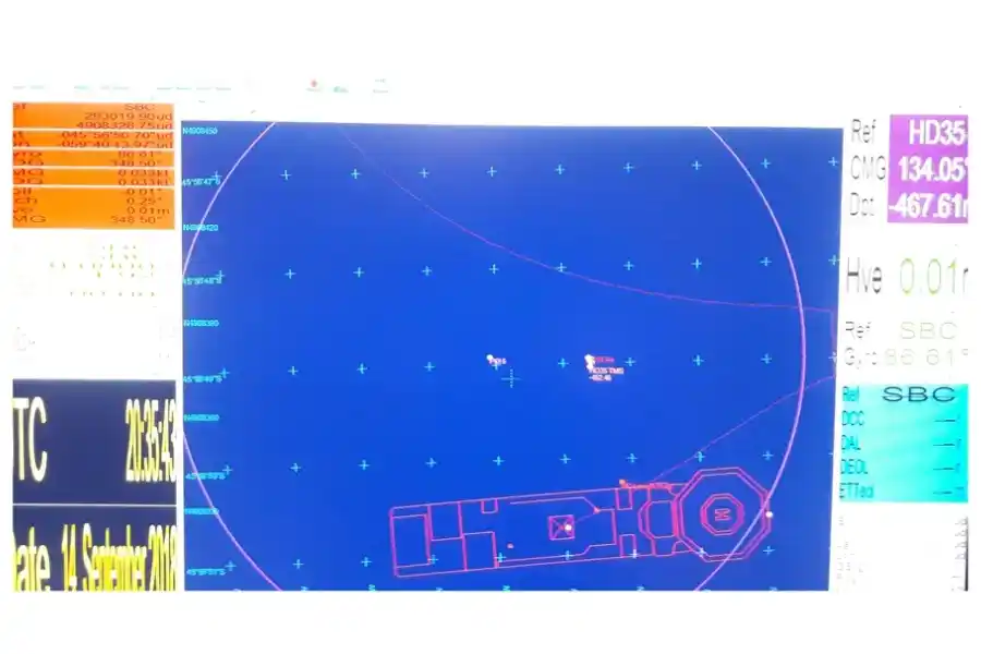 La zona de rastreo del ARA San Juan en una de las pantallas del Seabord Constructor, el barco de Ocean Infinity que encontró los restos del submarino (Luis Tagliapietra)
