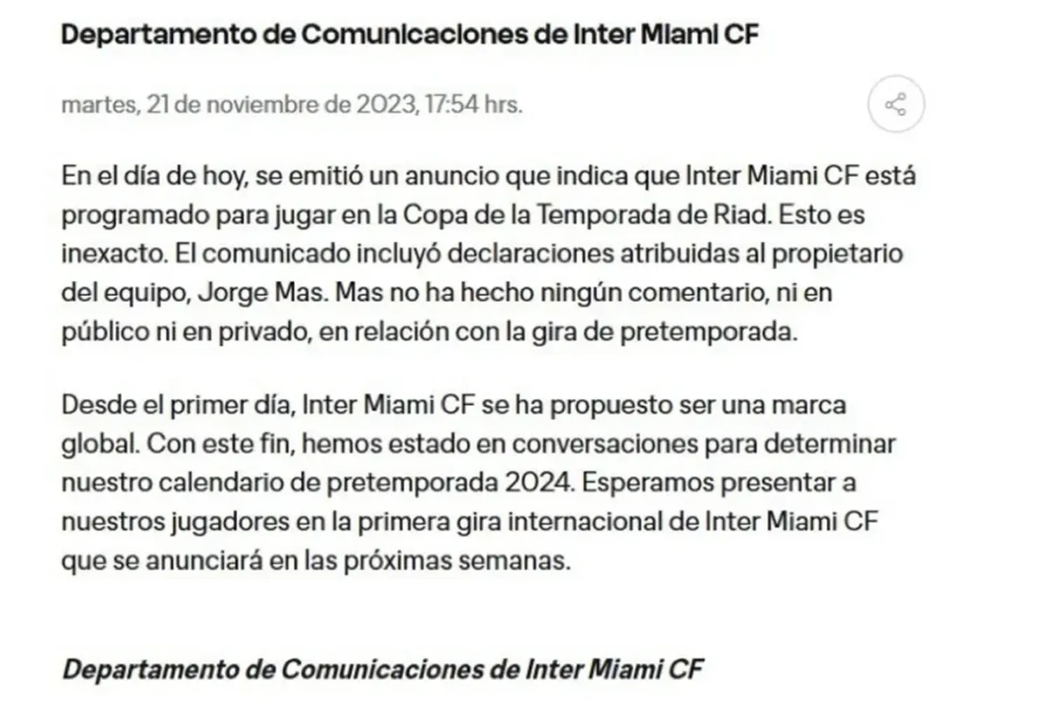 Comunicado Inter Miami FC (web oficial )