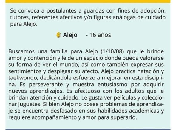 El desafío es encontrar una familia para adoptar a Alejo, tiene 16 años y espera amor y contención