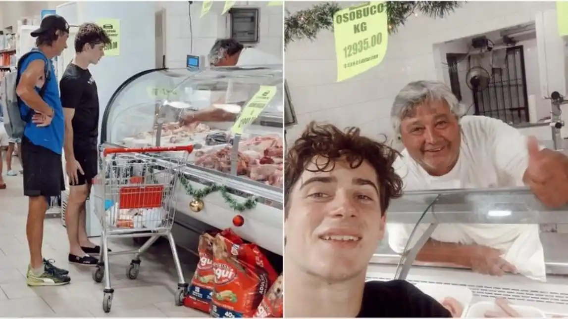 Colapinto junto al carnicero del pueblo, una imagen que rápidamente se viralizó.