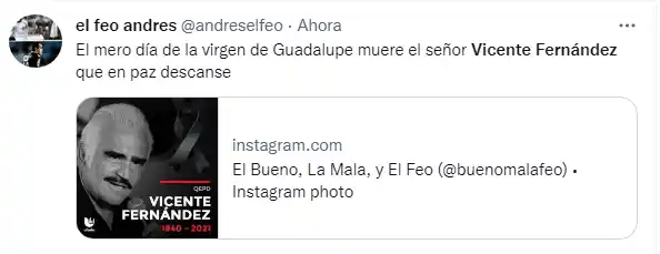 Usuarios recordaron que Don Chente murió el día de la Virgen de Guadalupe. Foto Twitter