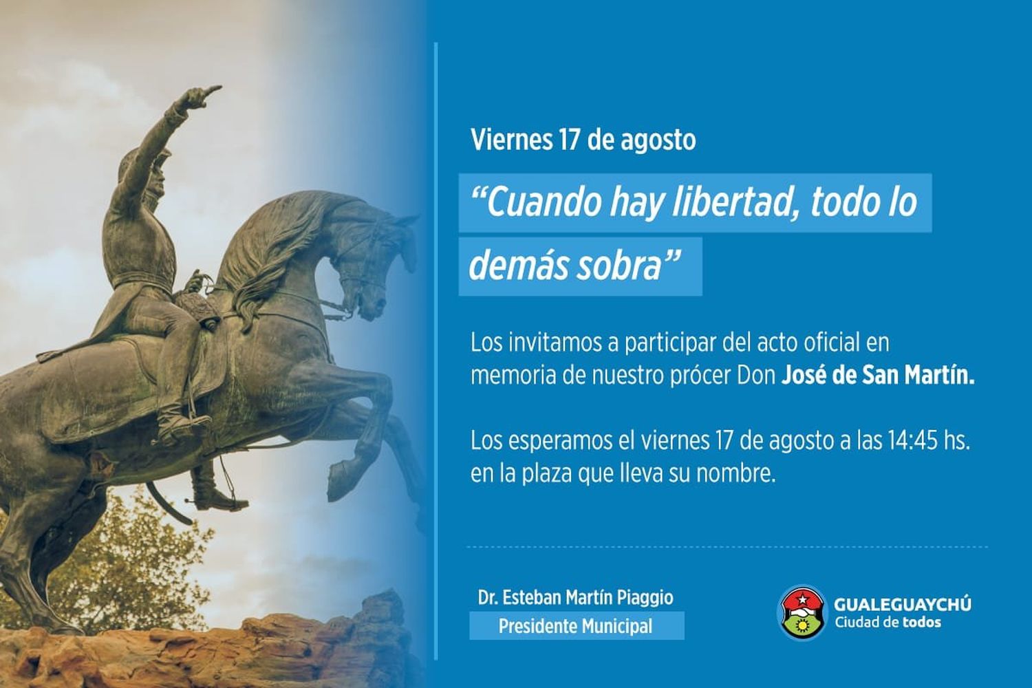 Mañana se realizará el acto oficial por el 168° aniversario del fallecimiento del general Don José de San Martín