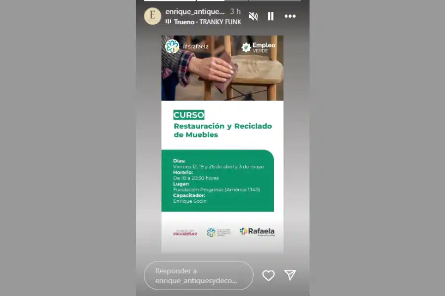 En el marco del Programa de Empleo Verde se abre la convocatoria para el Curso de Restauración y Reciclado de Muebles a cargo de Enrique Socín