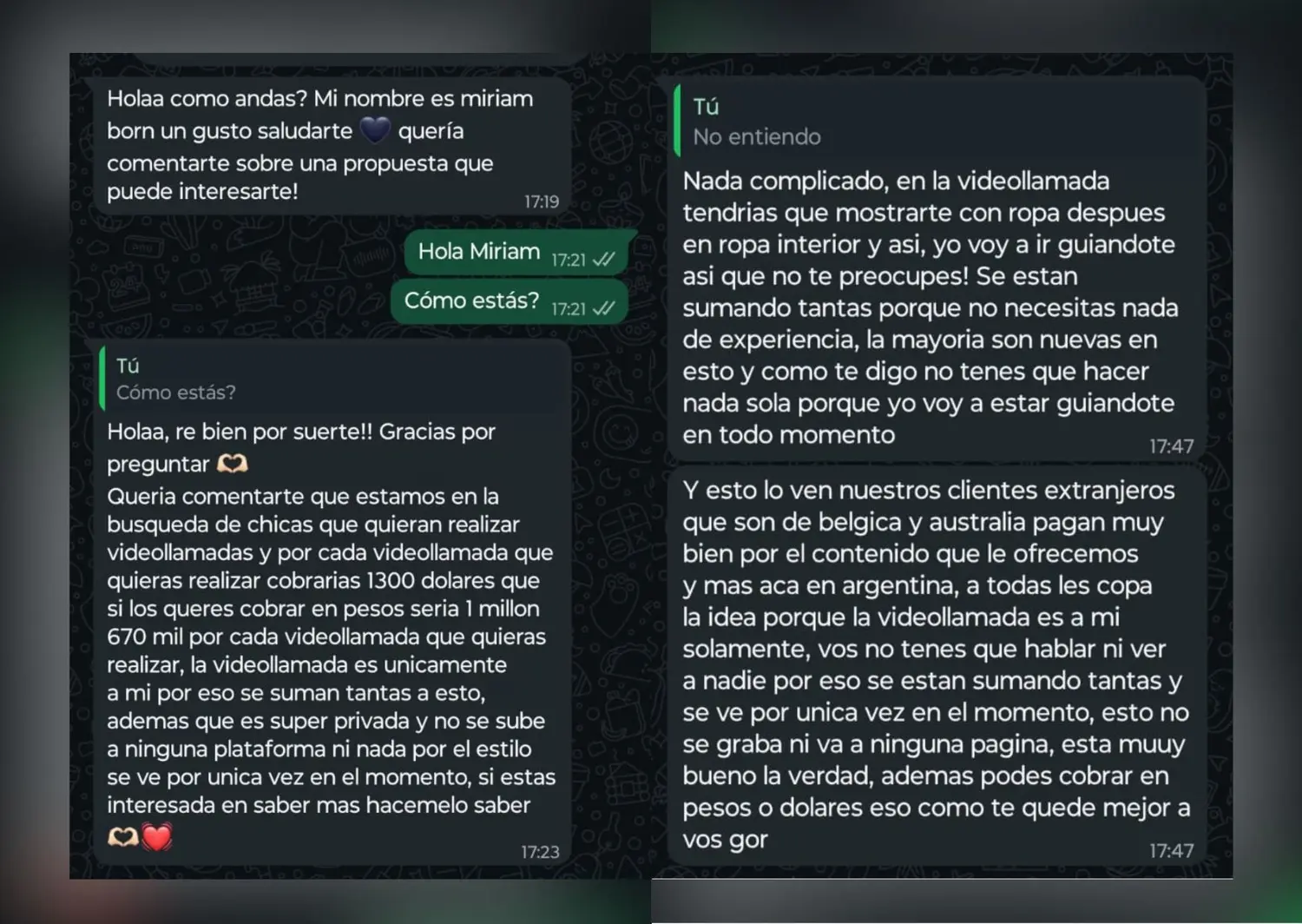 Los mensajes llegaron vía WhatsApp.