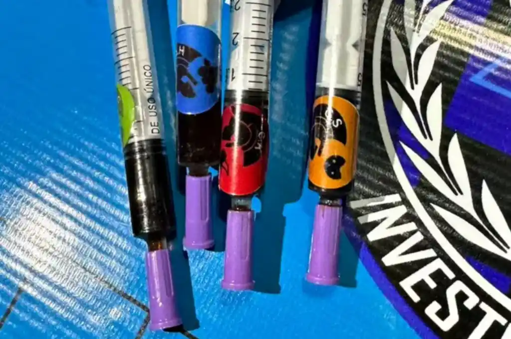Durante la inspección, se incautaron 17 jeringas con stickers que indicaban sabores como arándano, limón y cereza.
