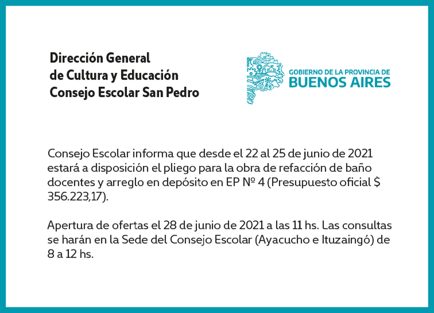 [Publicación Oficial] Informe Consejo Escolar: pliego para refacción de baño de docentes y arreglo de depósito en EP N°4