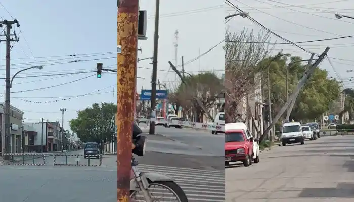 Poste inclinado y calle Mitre cortada