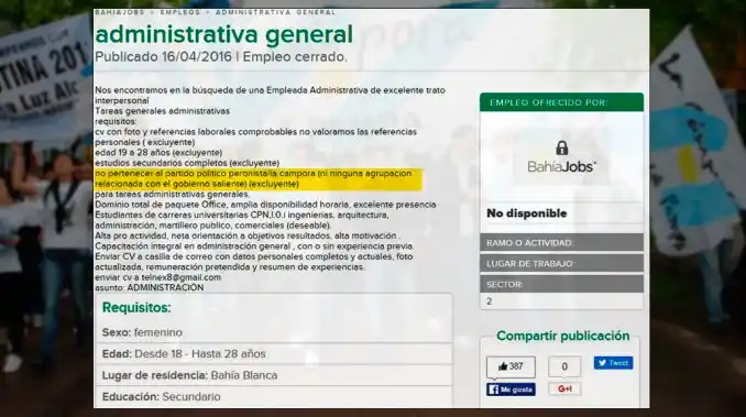 Insólito aviso en Bahía Banca: "Excluyente no ser de La Cámpora o peronista"