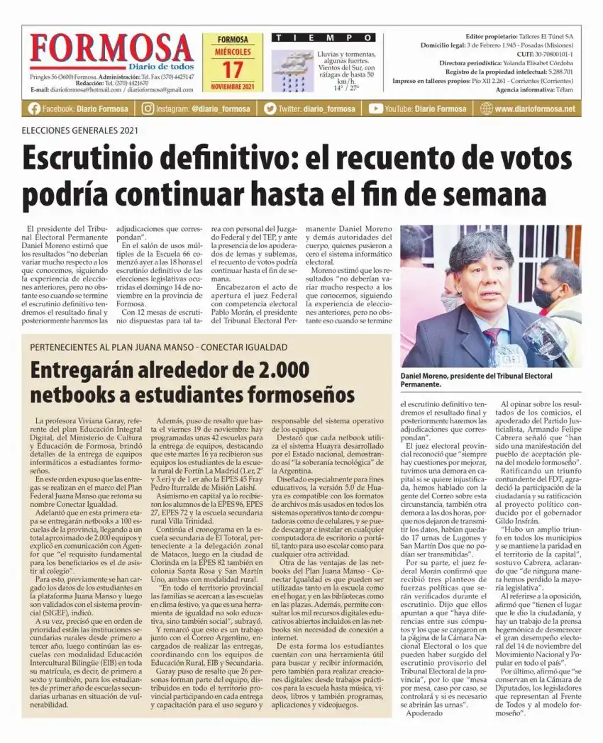 Tapa y Contratapa 17 de noviembre de 2021