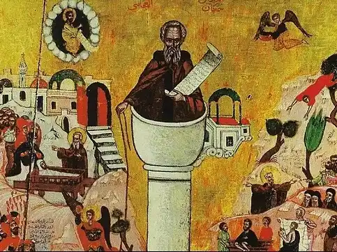 Icono de San Simeón el Estilita con el santo en la columna.